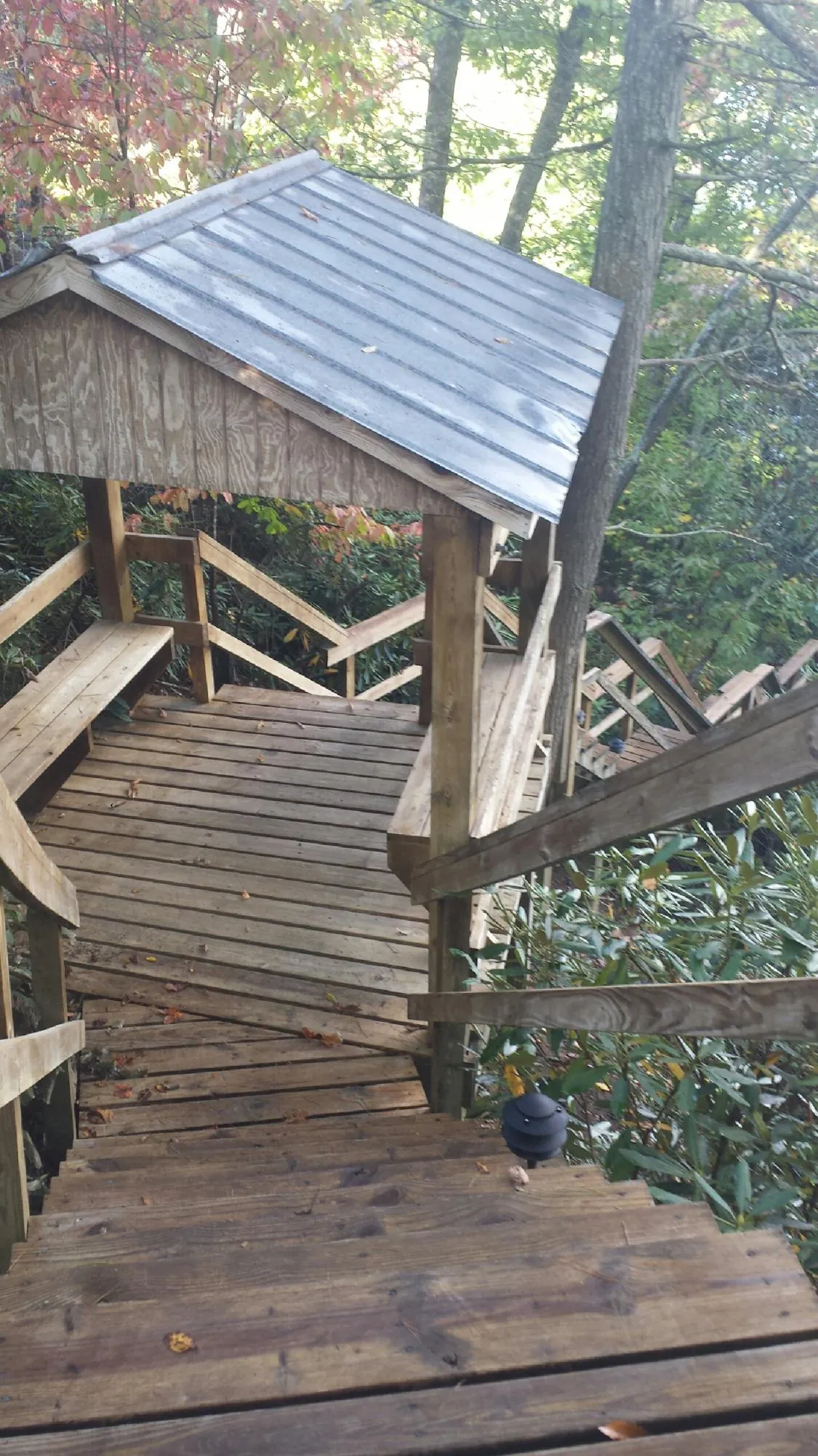 Metal roofed shelter over wooden steps on a wooded walkway — Skylight Repair & Installation work by our crew in Mebane